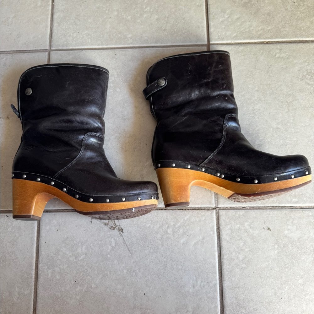 UGG Black Leather Clogs with Wooden Heel